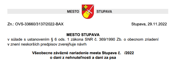 Dve otázky poslancom k návrhu VZN mesta Stupava  o dani z nehnuteľností a dani za psa