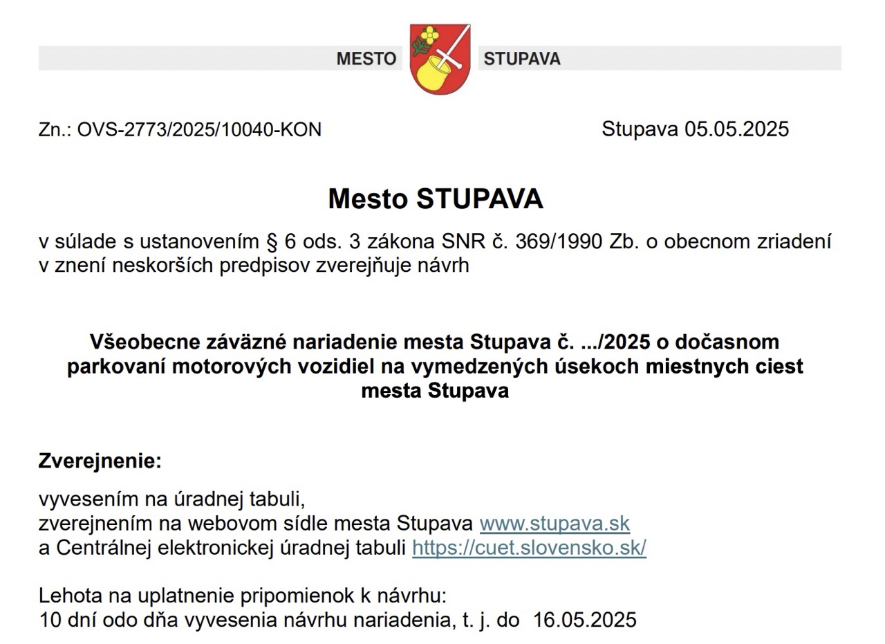 Na stránke mesta bol zverejnený návrh Všeobecne záväzného nariadenia, ktorý sa týka spoplatnenia parkovania na území mesta.